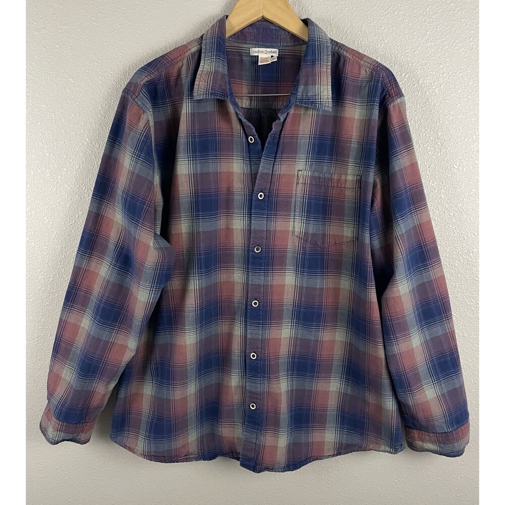 Carbon2Cobalt Mens XL Plaid Flannel Button Down Collar Long Sleeve Shirt Pocket